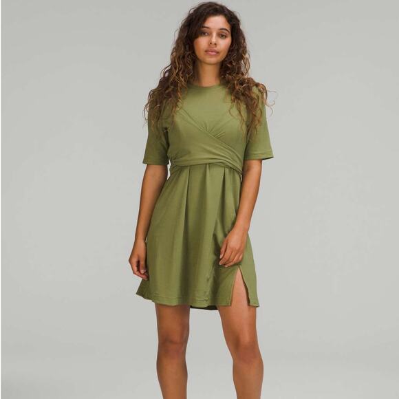 LULULEMON Cotton Wrap-Front T-Shirt Dress Bronze Green Sz 10 {F54} - Picture 1 of 5